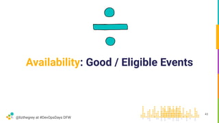 @lizthegrey at #DevOpsDays DFW
Availability: Good / Eligible Events
43
 