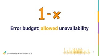 @lizthegrey at #DevOpsDays DFW
Error budget: allowed unavailability
49
 