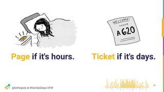 @lizthegrey at #DevOpsDays DFW
Page if it's hours.
51
Ticket if it's days.
 