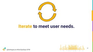 @lizthegrey at #DevOpsDays DFW
Iterate to meet user needs.
57
 