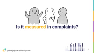 @lizthegrey at #DevOpsDays DFW
Is it measured in complaints?
6
 