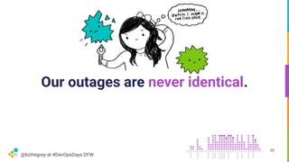 @lizthegrey at #DevOpsDays DFW
Our outages are never identical.
60
 