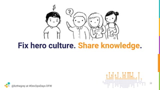 @lizthegrey at #DevOpsDays DFW
Fix hero culture. Share knowledge.
77
 