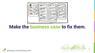 @lizthegrey at #DevOpsDays DFW
Make the business case to ﬁx them.
85
 