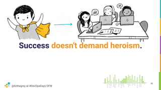 @lizthegrey at #DevOpsDays DFW
90
Success doesn't demand heroism.
 