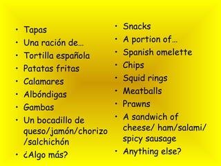 Tapas Una ración de… Tortilla española Patatas fritas Calamares Albóndigas Gambas Un bocadillo de queso/jamón/chorizo/salchichón ¿Algo más? Snacks A portion of… Spanish omelette Chips Squid rings Meatballs Prawns A sandwich of cheese/ ham/salami/spicy sausage Anything else? 