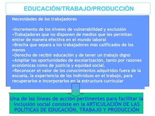 Necesidades de los trabajadores
•Incremento de los niveles de vulnerabilidad y exclusión
•Trabajadores que no disponen de medios que les permitan
entrar de manera efectiva en el mundo laboral
•Brecha que separa a los trabajadores más calificados de los
menos
•Derecho de recibir educación y de tener un trabajo digno
•Ampliar las oportunidades de escolarización, tanto por razones
económicas como de justicia y equidad social.
•Reconocer el valor de los conocimientos adquiridos fuera de la
escuela, la experiencia de los individuos en el trabajo, para
recuperarlos e incorporarlos en la estructura curricular
Una de las líneas de acción pertinentes para facilitar la
inclusión social consiste en la ARTICULACIÓN DE LAS
POLÍTICAS DE EDUCACIÓN, TRABAJO Y PRODUCCIÓN
EDUCACIÓN/TRABAJO/PRODUCCIÓN
 