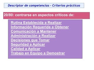 20/80: centrarse en aspectos críticos de:
Rutina Establecida a Realizar
Información Requerida a Obtener
Comunicación a Mantener
Administración a Realizar
Decisiones que Tomar
Seguridad a Aplicar
Calidad a Aplicar
Trabajo en Equipo a Demostrar
Descriptor de competencias – Criterios prácticos
 