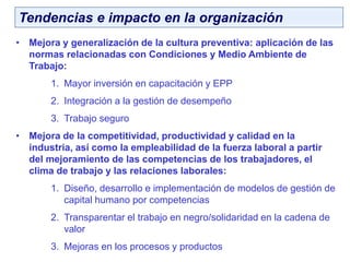 Tendencias e impacto en la organización
• Mejora y generalización de la cultura preventiva: aplicación de las
normas relacionadas con Condiciones y Medio Ambiente de
Trabajo:
1. Mayor inversión en capacitación y EPP
2. Integración a la gestión de desempeño
3. Trabajo seguro
• Mejora de la competitividad, productividad y calidad en la
industria, así como la empleabilidad de la fuerza laboral a partir
del mejoramiento de las competencias de los trabajadores, el
clima de trabajo y las relaciones laborales:
1. Diseño, desarrollo e implementación de modelos de gestión de
capital humano por competencias
2. Transparentar el trabajo en negro/solidaridad en la cadena de
valor
3. Mejoras en los procesos y productos
 