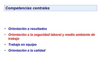 Competencias centrales
• Orientación a resultados
• Orientación a la seguridad laboral y medio ambiente de
trabajo
• Trabajo en equipo
• Orientación a la calidad
 