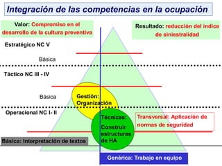 Valor: Compromiso en el
desarrollo de la cultura preventiva
Resultado: reducción del índice
de siniestralidad
Estratégico NC V
Táctico NC III - IV
Operacional NC I- II
Transversal: Aplicación de
normas de seguridad
Básica: Interpretación de textos
Básica
Genérica: Trabajo en equipo
Básica
Integración de las competencias en la ocupación
Gestión:
Organización
Técnicas:
Construir
estructuras
de HA
 