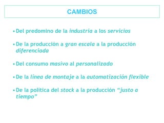 •Del predomino de la industria a los servicios
•De la producción a gran escala a la producción
diferenciada
•Del consumo masivo al personalizado
•De la línea de montaje a la automatización flexible
•De la política del stock a la producción “justo a
tiempo”
CAMBIOS
 