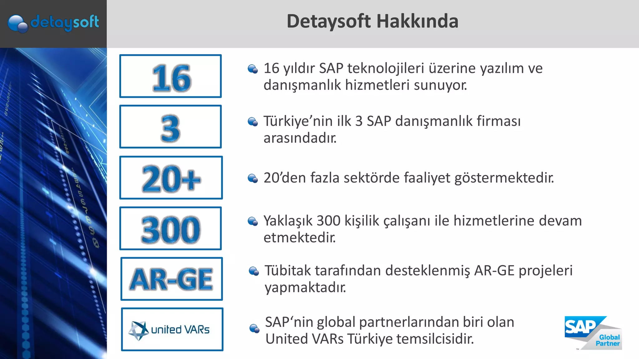 Detaysoft Hakkında
16 yıldır SAP teknolojileri üzerine yazılım ve
danışmanlık hizmetleri sunuyor.
Türkiye’nin ilk 3 SAP danışmanlık firması
arasındadır.
20’den fazla sektörde faaliyet göstermektedir.
Yaklaşık 300 kişilik çalışanı ile hizmetlerine devam
etmektedir.
Tübitak tarafından desteklenmiş AR-GE projeleri
yapmaktadır.
SAP‘nin global partnerlarından biri olan
United VARs Türkiye temsilcisidir.
 