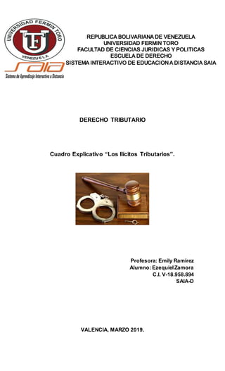DERECHO TRIBUTARIO
Cuadro Explicativo “Los Ilícitos Tributarios”.
Profesora: Emily Ramírez
Alumno: EzequielZamora
C.I. V-18.958.894
SAIA-D
VALENCIA, MARZO 2019.
 