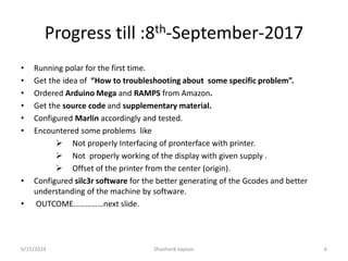 Progress till :8th-September-2017
• Running polar for the first time.
• Get the idea of “How to troubleshooting about some specific problem”.
• Ordered Arduino Mega and RAMPS from Amazon.
• Get the source code and supplementary material.
• Configured Marlin accordingly and tested.
• Encountered some problems like
 Not properly Interfacing of pronterface with printer.
 Not properly working of the display with given supply .
 Offset of the printer from the center (origin).
• Configured silc3r software for the better generating of the Gcodes and better
understanding of the machine by software.
• OUTCOME……………next slide.
6/15/2024 Shashank kapoor 6
 