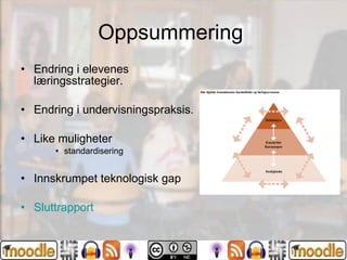 Oppsummering  Endring i elevenes læringsstrategier. Endring i undervisningspraksis. Like muligheter  standardisering Innskrumpet teknologisk gap Sluttrapport  