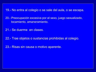 19.- No entra al colegio o se sale del aula, o se escapa.
20.- Preocupación excesiva por el sexo, juego sexualizado,
tocamiento, amaneramiento.
21.- Se duerme en clases.
22.- Trae objetos o sustancias prohibidas al colegio.
23.- Risas sin causa o motivo aparente.
 