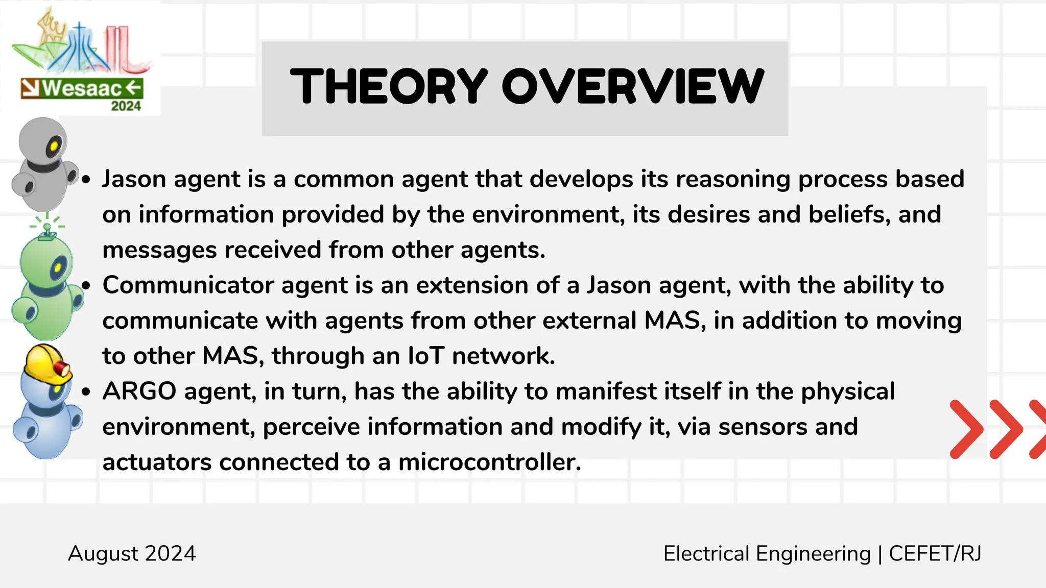 Jason agent is a common agent that develops its reasoning process based
on information provided by the environment, its desires and beliefs, and
messages received from other agents.
Communicator agent is an extension of a Jason agent, with the ability to
communicate with agents from other external MAS, in addition to moving
to other MAS, through an IoT network.
ARGO agent, in turn, has the ability to manifest itself in the physical
environment, perceive information and modify it, via sensors and
actuators connected to a microcontroller.
Engenharia Elétrica | guilherme.leite@aluno.cefet-rj.br CEFET/RJ
August 2024 Electrical Engineering | CEFET/RJ
THEORY OVERVIEW
 