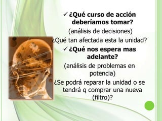 Detección Analítica  De Fallas¿ Qué camino se debe seguir ?  Indica realizar una elección. Este patrón permite decidir acerca del curso de una acción siendo el objetivo alcanzar una meta específica.¿ Qué nos espera más adelante ?  es una perspectiva del futuro. Este patrón intenta evaluar lo que podría ocurrir a un corto o mediano plazo. ¿ Qué está ocurriendo? establecer prioridades y decidir cuándo y cómo tomar medidas que tengan sentido y produzcan buenos resultados.¿ Por qué ocurrió esto ?  pensar en términos de causa y efecto. Es el patrón de pensamiento que permite pasar de la observación del efecto a analizar la causa para poder tomar medidas apropiadas para corregir o reducir sus efectos.