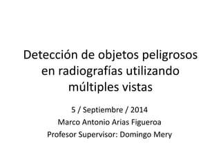 Detección de objetos peligrosos 
en radiografías utilizando 
múltiples vistas 
5 / Septiembre / 2014 
Marco Antonio Arias Figueroa 
Profesor Supervisor: Domingo Mery 
 