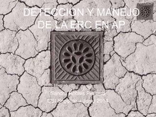 Sandra Robles Pellitero
CSI Segorbe – Junio 2014
Fotografía: Chema Madoz
DETECCIÓN Y MANEJO
DE LA ERC EN AP
 