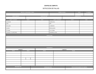 CENTRO DE COMPUTO

                                                                           DETECCION DE FALLAS

                                  DIRECCIÓN / DEPARTAMENTO / UNIDAD                                             NOMBRE DE USUARIO                       FECHA          Nº. REGISTRO




              SISTEMA OPERATIVO                                       PRODUCT KEYS WIN                                                           FABRICADO POR




        EQUIPO / ACCESORIO                      MARCA                 SERIAL                         EQUIPO / ACCESORIO                MARCA                        SERIAL


MONITOR                                                                                    IMPRESORA
CPU                                                                                        UPS

TECLADO                                                                                    CORNETAS

MOUSE                                                                                      REGULADOR

SCANER                                                                                     CD /CDRW

USUARIO / CLAVES WIN.                                                                      USUARIO/CLAVE


                                                                                    OBSERVACIONES:




                                                                                    MANTENIMIENTOS


                             PREVENTIVO                                                                                   CORRECTIVO
             FECHA                               FECHA                     FECHA                                                        FALLAS




                     REALIZADO POR
                                                                               SUPERVISADO POR                                          JEFE DEL DEPARTAMENTO DE COMPUTO
 