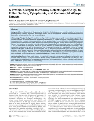 A Protein Allergen Microarray Detects Specific IgE to
Pollen Surface, Cytoplasmic, and Commercial Allergen
Extracts
Katinka A. Vigh-Conrad1*¤a, Donald F. Conrad1¤b, Daphne Preuss2¤c
1 Department of Human Genetics, The University of Chicago, Chicago, Illinois, United States of America, 2 Department of Molecular Genetics and Cell Biology, The
University of Chicago, Chicago, Illinois, United States of America

Abstract
Background: Current diagnostics for allergies, such as skin prick and radioallergosorbent tests, do not allow for inexpensive,
high-throughput screening of patients. Additionally, extracts used in these methods are made from washed pollen that
lacks pollen surface materials that may contain allergens.
Methodology/Principal Findings: We sought to develop a high-throughput assay to rapidly measure allergen-specific IgE in
sera and to explore the relative allergenicity of different pollen fractions (i.e. surface, cytoplasmic, commercial extracts). To do
this, we generated a protein microarray containing surface, cytoplasmic, and commercial extracts from 22 pollen species,
commercial extracts from nine non-pollen allergens, and five recombinant allergenic proteins. Pollen surface and cytoplasmic
fractions were prepared by extraction into organic solvents and aqueous buffers, respectively. Arrays were incubated with
,25 uL of serum from 176 individuals and bound IgE was detected by indirect immunofluorescence, providing a highthroughput measurement of IgE. We demonstrated that the allergen microarray is a reproducible method to measure
allergen-specific IgE in small amounts of sera. Using this tool, we demonstrated that specific IgE clusters according to the
phylogeny of the allergen source. We also showed that the pollen surface, which has been largely overlooked in the past,
contained potent allergens. Although, as a class, cytoplasmic fractions obtained by our pulverization/precipitation method
were comparable to commercial extracts, many individual allergens showed significant differences.
Conclusions/Significance: These results support the hypothesis that protein microarray technology is a useful tool for both
research and in the clinic. It could provide a more efficient and less painful alternative to traditionally used skin prick tests,
making it economically feasible to compare allergen sensitivity of different populations, monitor individual responses over
time, and facilitate genetic studies on pollen allergy.
Citation: Vigh-Conrad KA, Conrad DF, Preuss D (2010) A Protein Allergen Microarray Detects Specific IgE to Pollen Surface, Cytoplasmic, and Commercial Allergen
Extracts. PLoS ONE 5(4): e10174. doi:10.1371/journal.pone.0010174
Editor: Hany A. El-Shemy, Cairo University, Egypt
Received September 1, 2009; Accepted March 22, 2010; Published April 16, 2010
Copyright: ß 2010 Vigh-Conrad et al. This is an open-access article distributed under the terms of the Creative Commons Attribution License, which permits
unrestricted use, distribution, and reproduction in any medium, provided the original author and source are credited.
Funding: This project was funded by the Strategic Program for Asthma Research (www.spar-aaf.org). The funders had no role in study design, data collection and
analysis, decision to publish, or preparation of the manuscript.
Competing Interests: The authors have declared that no competing interests exist.
* E-mail: kvigh@uchicago.edu
¤a Current address: Abcam plc, Cambridge, United Kingdom
¤b Current address: Wellcome Trust Sanger Institute, Hinxton, United Kingdom
¤c Current address: Chromatin Inc., Chicago, Illinois, United States of America

development of safe and effective immunotherapy treatments [17].
According to the International Union of Immunological Societies
Allergen Nomenclature Sub-Committee, over 600 allergens have
been identified to date (http://www.allergen.org). Most of these
were identified by immunoblotting soluble allergen extracts
separated by electrophoresis with patient sera or monoclonal
antibodies [18]. Allergens identified in these studies are typically
10–70 kD cytoplasmic proteins and have diverse biological
functions [2,18,19]. Despite current successes, it remains important to continue the search for new allergens, especially from the
pollen surface, which has been largely overlooked in the past.
The pollen extracellular matrix plays an essential role in plant
reproduction [20] and numerous studies have focused on purifying
and characterizing many pollen surface materials [21]. While
some researchers have suggested these materials also play a role in

Introduction
Allergy affects 10–40% of the population [1] and results in
elevated IgE [2] - a condition that is often diagnosed with skin
prick tests (SPT) that can cause discomfort, risk anaphylaxis [3]
and can increase patient sensitivity to allergens [4]. Safer and more
quantitative alternatives for measuring allergen-specific IgE
include enzyme linked immunosorbent assay (ELISA) and
radioallergosorbent test (RAST) [5], yet their prohibitive cost
limits use to select allergens and to severely affected patients.
Microarrays potentially provide a more affordable diagnostic, and
recent studies, most of which focus on recombinant allergens, have
demonstrated their analytical and clinical feasibility [4,6–16].
Considerable effort has been invested in identifying allergens,
with the goal of providing more accurate patient diagnosis and the
PLoS ONE | www.plosone.org

1

April 2010 | Volume 5 | Issue 4 | e10174

 