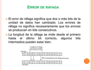 ERROR DE RÁFAGA
El error de ráfaga significa que dos o más bits de la
unidad de datos han cambiado. Los errores de
ráfaga no significa necesariamente que los errores
se produzcan en bits consecutivos.
 La longitud de la ráfaga se mide desde el primero
hasta el último bit correcto, algunos bits
intermedios pueden estar bien.


 