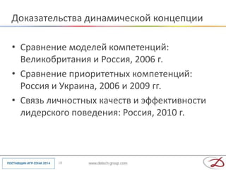 Доказательства динамической концепции

• Сравнение моделей компетенций:
  Великобритания и Россия, 2006 г.
• Сравнение приоритетных компетенций:
  Россия и Украина, 2006 и 2009 гг.
• Связь личностных качеств и эффективности
  лидерского поведения: Россия, 2010 г.



          18
 