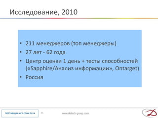 Исследование, 2010


  • 211 менеджеров (топ менеджеры)
  • 27 лет - 62 года
  • Центр оценки 1 день + тесты способностей
    («Sapphire/Анализ информации», Ontarget)
  • Россия




         25
 