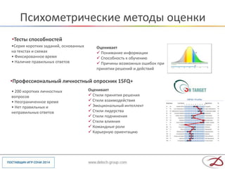 Психометрические методы оценки
•Тесты способностей
•Серия коротких заданий, основанных      Оценивает
на текстах и схемах                       Понимание информации
• Фиксированное время                     Способность к обучению
• Наличие правильных ответов              Причины возможных ошибок при
                                         принятии решений и действий

•Профессиональный личностный опросник 15FQ+
• 200 коротких личностных             Оценивает
вопросов                               Стили принятия решения
• Неограниченное время                 Стили взаимодействия
• Нет правильных и                     Эмоциональный интеллект
неправильных ответов                   Стили лидерства
                                       Стили подчинения
                                       Стили влияния
                                       Командные роли
                                       Карьерную ориентацию
 