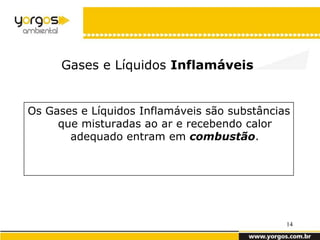 Gases e Líquidos Inflamáveis


Os Gases e Líquidos Inflamáveis são substâncias
     que misturadas ao ar e recebendo calor
       adequado entram em combustão.




                                              14
 