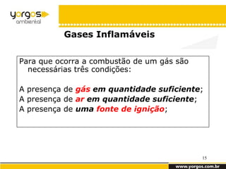 Gases Inflamáveis


Para que ocorra a combustão de um gás são
  necessárias três condições:

A presença de gás em quantidade suficiente;
A presença de ar em quantidade suficiente;
A presença de uma fonte de ignição;




                                            15
 