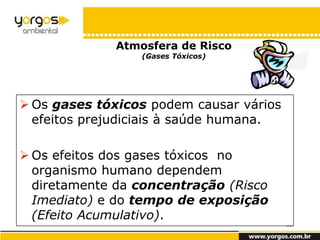 Atmosfera de Risco
                 (Gases Tóxicos)




 Os gases tóxicos podem causar vários
  efeitos prejudiciais à saúde humana.

 Os efeitos dos gases tóxicos no
  organismo humano dependem
  diretamente da concentração (Risco
  Imediato) e do tempo de exposição
  (Efeito Acumulativo).
                                         22
 