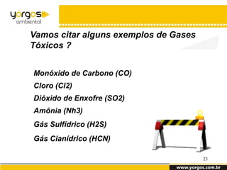 Vamos citar alguns exemplos de Gases
Tóxicos ?


Monóxido de Carbono (CO)
Cloro (Cl2)
Dióxido de Enxofre (SO2)
Amônia (Nh3)
Gás Sulfídrico (H2S)
Gás Cianídrico (HCN)

                                       23
 