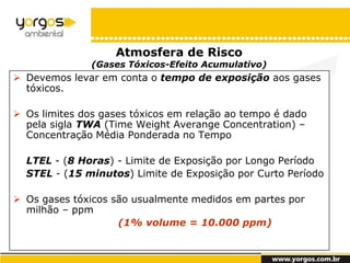 Atmosfera de Risco
               (Gases Tóxicos-Efeito Acumulativo)
 Devemos levar em conta o tempo de exposição aos gases
  tóxicos.

 Os limites dos gases tóxicos em relação ao tempo é dado
  pela sigla TWA (Time Weight Averange Concentration) –
  Concentração Média Ponderada no Tempo

  LTEL - (8 Horas) - Limite de Exposição por Longo Período
  STEL - (15 minutos) Limite de Exposição por Curto Período

 Os gases tóxicos são usualmente medidos em partes por
  milhão – ppm
                    (1% volume = 10.000 ppm)

                                                            24
 