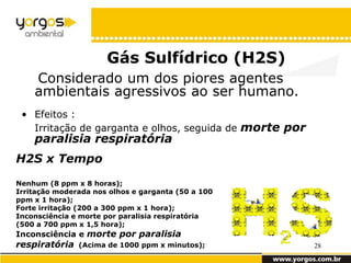 Gás Sulfídrico (H2S)
    Considerado um dos piores agentes
    ambientais agressivos ao ser humano.
 • Efeitos :
   Irritação de garganta e olhos, seguida de morte por
    paralisia respiratória
H2S x Tempo
Nenhum (8 ppm x 8 horas);
Irritação moderada nos olhos e garganta (50 a 100
ppm x 1 hora);
Forte irritação (200 a 300 ppm x 1 hora);
Inconsciência e morte por paralisia respiratória
(500 a 700 ppm x 1,5 hora);
Inconsciência e morte por paralisia
respiratória   (Acima de 1000 ppm x minutos);            28
 