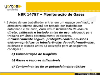 NBR 14787 – Monitoração de Gases

4.5 Antes de um trabalhador entrar em um espaço confinado, a
   atmosfera interna deverá ser testada por trabalhador
   autorizado e treinado, com um instrumento de leitura
   direta, calibrado e testado antes do uso, adequado para
   trabalho em áreas potencialmente explosivas,
   intrinsecamente seguro, protegido contra emissões
   eletromagnéticas ou interferências de radiofrequências,
   calibrado e testado antes da utilização para as seguintes
   condições :
     a) Concentração de Oxigênio

     b) Gases e vapores inflamáveis

     c) Contaminantes do ar potencialmente tóxicos
                                                         3
 