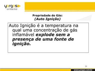 Propriedade do Gás:
           (Auto Ignição)

Auto Ignição é a temperatura na
 qual uma concentração de gás
 inflamável explode sem a
 presença de uma fonte de
 ignição.




                                  33
 