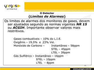 O Detector
                (Limites de Alarmes)
Os limites de alarmes dos monitores de gases, devem
  ser ajustados segundo as normas vigentes NR 15
  ou ACGIH. Importante observar valores mais
  restritivos.

     Gases combustíveis – 10% do L.I.E.
     Oxigênio – 19,5% e 23% Vol.
     Monóxido de Carbono –       Instantâneo – 58ppm
                                 STEL – 45ppm
                                 LTEL – 39ppm
     Gás Sulfídrico – Instantâneo – 16ppm
                       STEL – 10ppm
                       LTEL – 8ppm
                                                       35
 