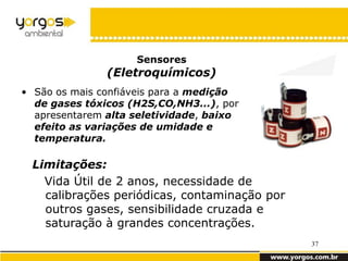 Sensores
               (Eletroquímicos)
• São os mais confiáveis para a medição
  de gases tóxicos (H2S,CO,NH3...), por
  apresentarem alta seletividade, baixo
  efeito as variações de umidade e
  temperatura.

 Limitações:
   Vida Útil de 2 anos, necessidade de
   calibrações periódicas, contaminação por
   outros gases, sensibilidade cruzada e
   saturação à grandes concentrações.
                                              37
 