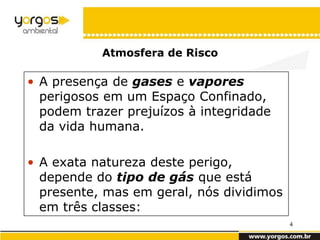 Atmosfera de Risco

• A presença de gases e vapores
  perigosos em um Espaço Confinado,
  podem trazer prejuízos à integridade
  da vida humana.

• A exata natureza deste perigo,
  depende do tipo de gás que está
  presente, mas em geral, nós dividimos
  em três classes:
                                          4
 