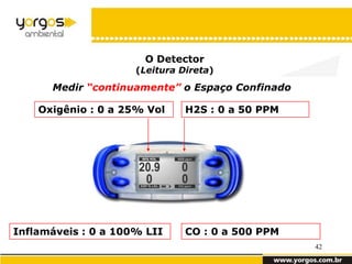 O Detector
                     (Leitura Direta)
      Medir “continuamente” o Espaço Confinado

    Oxigênio : 0 a 25% Vol     H2S : 0 a 50 PPM




Inflamáveis : 0 a 100% LII     CO : 0 a 500 PPM
                                                  42
 