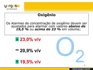 Oxigênio

Os Alarmes de concentração de oxigênio devem ser
   ajustados para alarmar com valores abaixo de
      19,5 % ou acima de 23 % em volume;




                             O2
        23,0% v/v

        20,9% v/v

        19,5% v/v
                                              9
 
