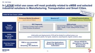 16
In LATAM initial use cases will most probably related to eMBB and selected
industrial solutions in Manufacturing, Transportation and Smart Cities.
5G – Use Cases
Initial 5G Use Cases LATAM
Initial pilots and deployments of 5G will be limited to confined areas, e.g.
campus, production plants, hot spots, stadiums, airports/ports, logistic centers, cities
FWA in non-connected
areas;
Streaming, VR, Stadiums
Drones 4G/5G for
(Surveillance, Security,
Measurement,
productivity)
Critical Communications
(Managed Latency, Reliability)
Massive IoT
(billions of connected devices)
Enhanced Mobile Broadband
(up to tens of Gbps)
Initial
Geographic
Scope
Target
Segments/
Verticals
First Use Cases
(Examples)
Smart City Applications,
Monitoring, Maintenance,
Automation
B2C Segments B2B/verticals
Premium Content Users (UHD)
Fixed Wireless Broadband
Industrial Manufacturing, Transportation, Smart
Cities, Health, Public Safety/PPDR (Police,
Utilities)
 