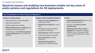 23
Spectrum issues and enabling new business models are key areas of
public policies and regulations for 5G deployments.
5G – Regulatory Policy Considerations
Key Considerations for Public Policy and Regulations
ENABLE NEW BUSINESS MODELS
• Passive access obligations for
pivotal site owners
• Infrastructure sharing for small
cells
• Wholesale providers/ capacity
providers of small cells
• Intermediaries/ MVNEs/ MVNOs
• Private 5G networks (verticals)
• Open Standards for EDGE
computing
• Flexible Net Neutrality for
deployment of network slicing
SUPPLY OF SPECTRUM
• National frequency bands allocation
• International alignment
• Flexible assignment methods
• Differentiated license conditions (e.g.
coverage, QoS) for use cases
• Consideration of secondary spectrum
usage/ subleasing for e.g. private 5G
networks
OTHER
• National Broadband Plans and rural
fiber for 5G backhauling
• Provision of access to public
infrastructure
• Alignment with other sectoral
regulations in regards to network
reliability, e.g. for drones/air traffic
control, medical applications, utility
controlling
 
