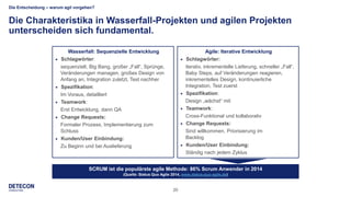 20
Die Entscheidung – warum agil vorgehen?
Die Charakteristika in Wasserfall-Projekten und agilen Projekten
unterscheiden sich fundamental.
SCRUM ist die populärste agile Methode: 86% Scrum Anwender in 2014
(Quelle: Status Quo Agile 2014, www.status-quo-agile.de)
Wasserfall: Sequenzielle Entwicklung
 Schlagwörter:
sequenziell, Big Bang, großer „Fall“, Sprünge,
Veränderungen managen, großes Design von
Anfang an, Integration zuletzt, Test nachher
 Spezifikation:
Im Voraus, detailliert
 Teamwork:
Erst Entwicklung, dann QA
 Change Requests:
Formaler Prozess, Implementierung zum
Schluss
 Kunden/User Einbindung:
Zu Beginn und bei Auslieferung
Agile: Iterative Entwicklung
 Schlagwörter:
iterativ, inkrementelle Lieferung, schneller „Fall“,
Baby Steps, auf Veränderungen reagieren,
inkrementelles Design, kontinuierliche
Integration, Test zuerst
 Spezifikation:
Design „wächst“ mit
 Teamwork:
Cross-Funktional und kollaborativ
 Change Requests:
Sind willkommen, Priorisierung im
Backlog
 Kunden/User Einbindung:
Ständig nach jedem Zyklus
 
