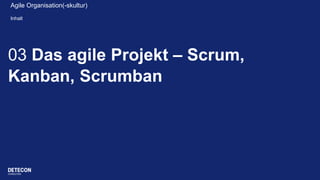 03 Das agile Projekt – Scrum,
Kanban, Scrumban
HeadlineAgile Organisation(-skultur)
Inhalt
 