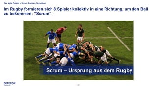 23
Das agile Projekt – Scrum, Kanban, Scrumban
Im Rugby formieren sich 8 Spieler kollektiv in eine Richtung, um den Ball
zu bekommen: “Scrum”.
Äquivalenz zum WasserfallmodellScrum – Ursprung aus dem Rugby
 