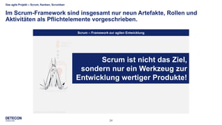 24
Das agile Projekt – Scrum, Kanban, Scrumban
Im Scrum-Framework sind insgesamt nur neun Artefakte, Rollen und
Aktivitäten als Pflichtelemente vorgeschrieben.
Scrum – Framework zur agilen Entwicklung
Quelle: https://www.scrumalliance.org
Scrum ist nicht das Ziel,
sondern nur ein Werkzeug zur
Entwicklung wertiger Produkte!
 